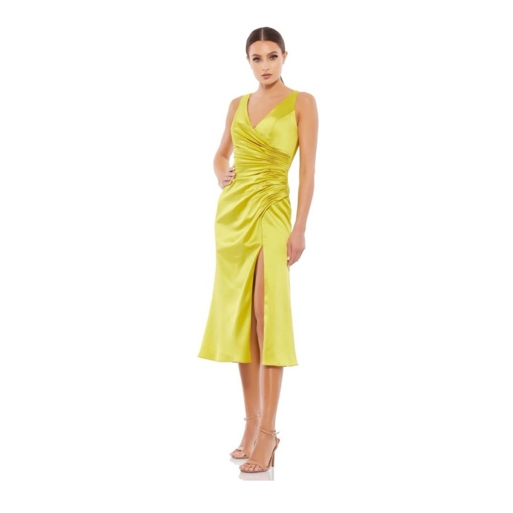 Ieena Mac Duggal Satin Ruched V Neck Faux Wrap Midi Dress Chartreuse Size 8 NWT
